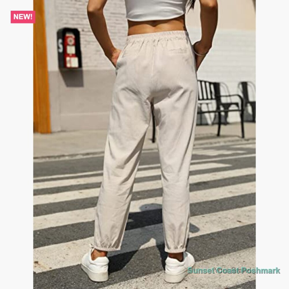 Linen Tapered Pants High Waisted Drawstring Casual Joggers - Picture 3 of 7